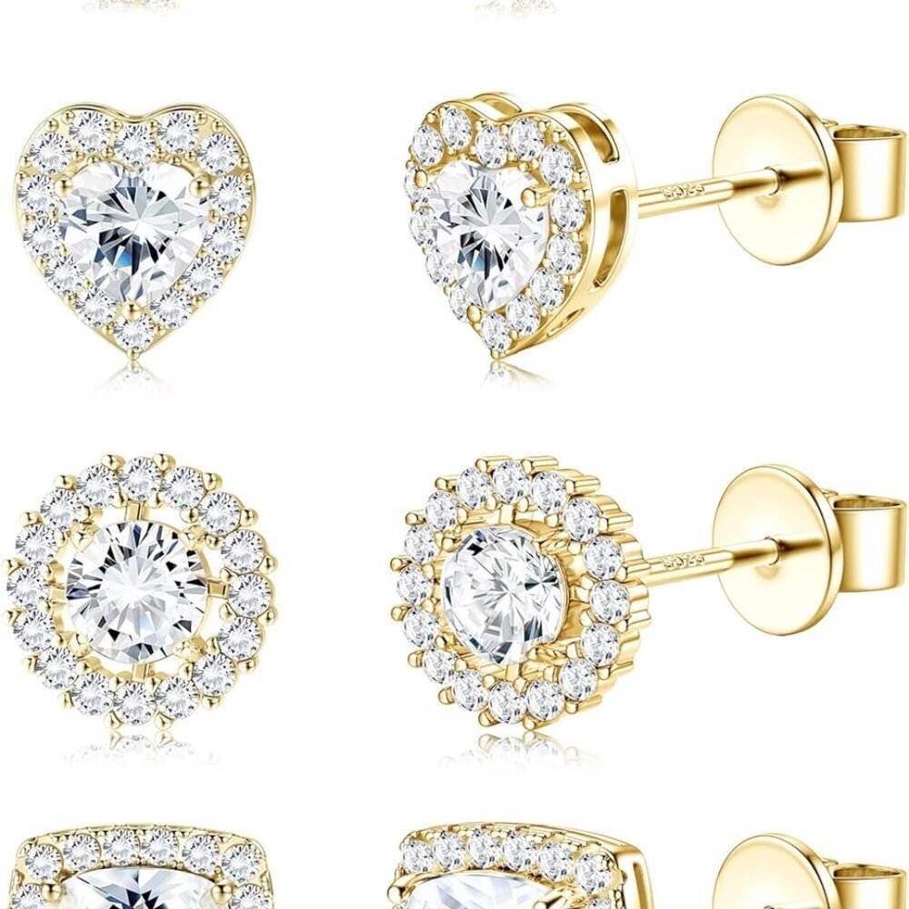 4 Pairs Sterling Silver CZ Stud Earrings for Women 14K Gold Plated Brilliant Cel